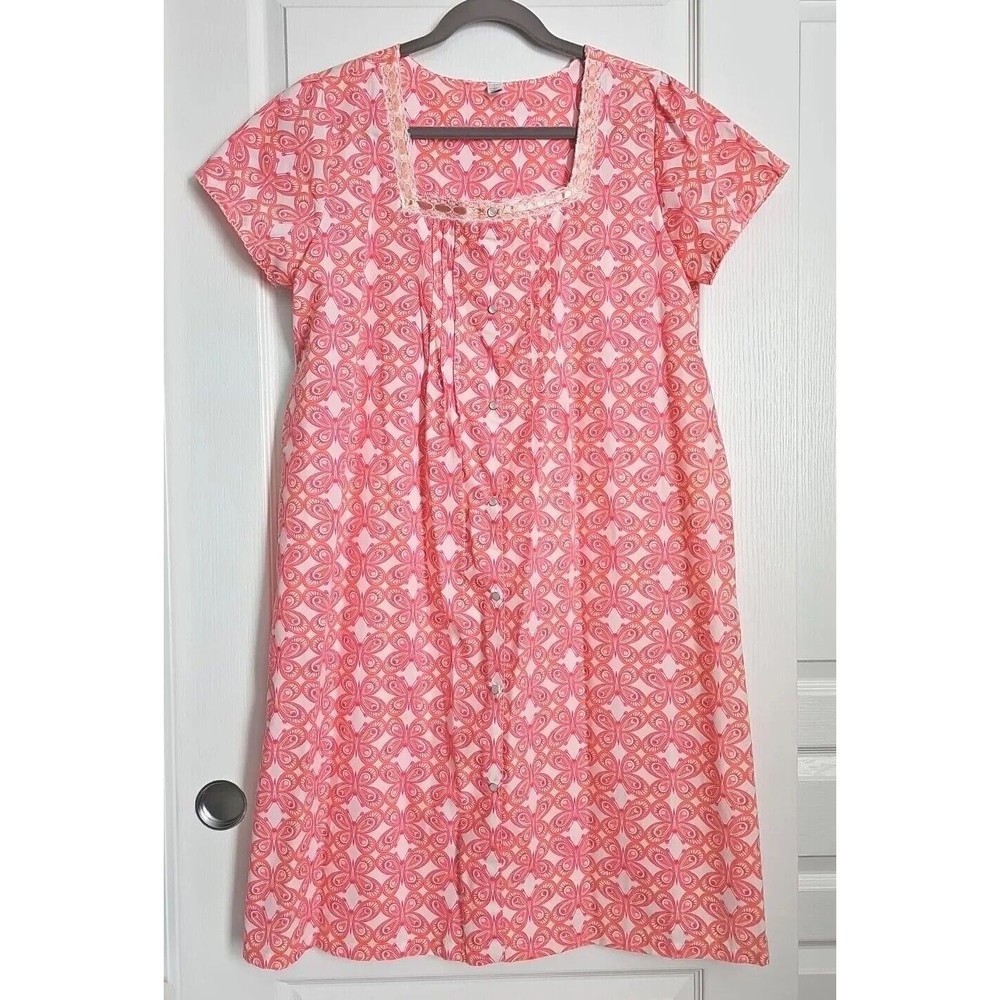 Pink K Pearl Snap Housecoat Duster Coral Butterflies Patio House Dress Medium